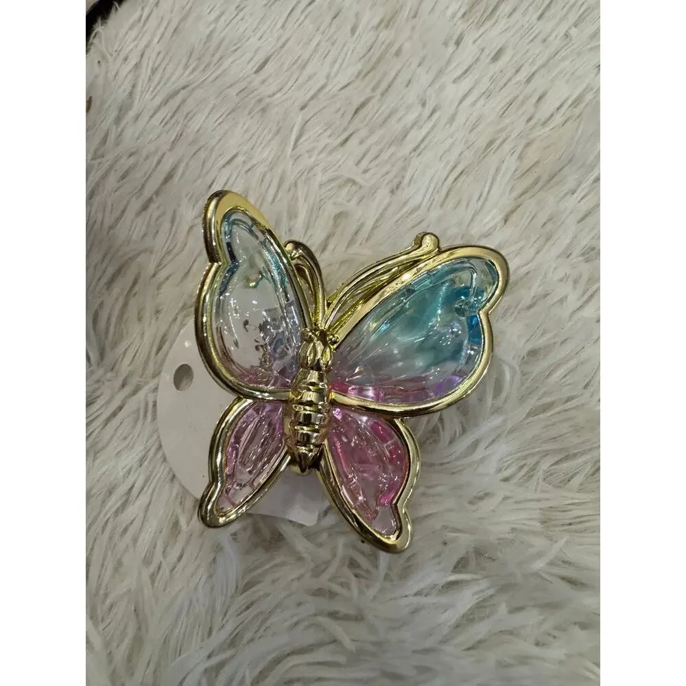 Large Pink and blue clear butterfly hair clip claw with gold trim